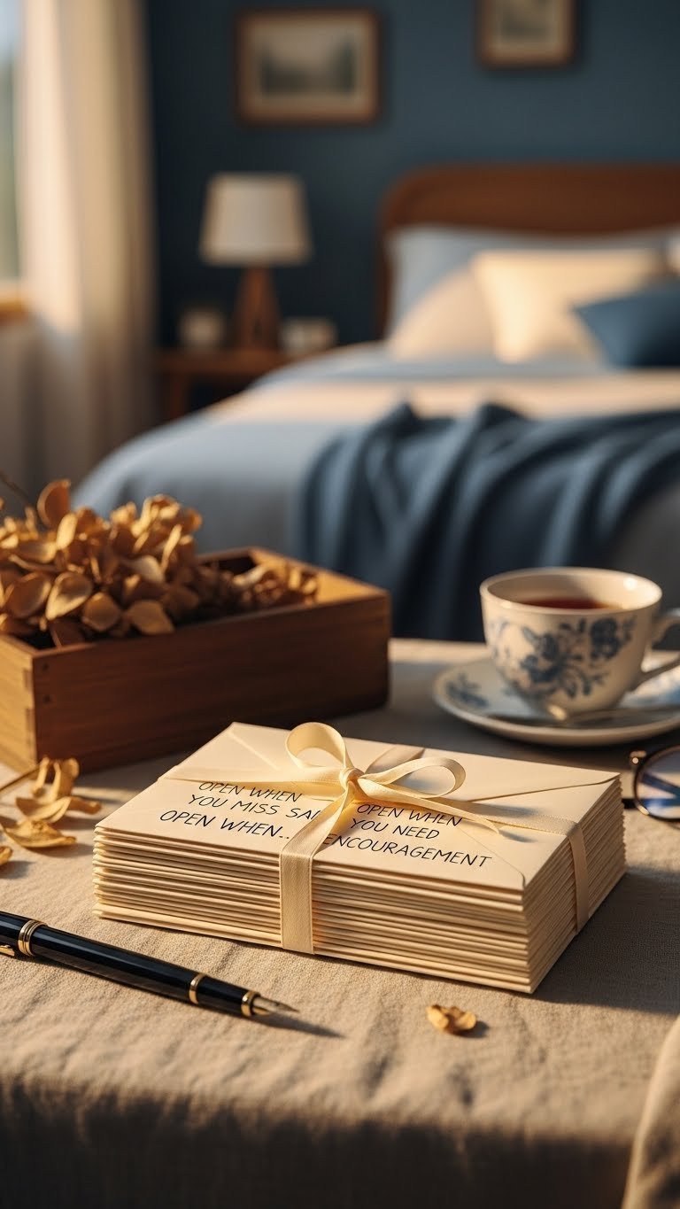 Stack of handwritten Open When letters tied with ribbon on linen tablecloth with vintage fountain pen