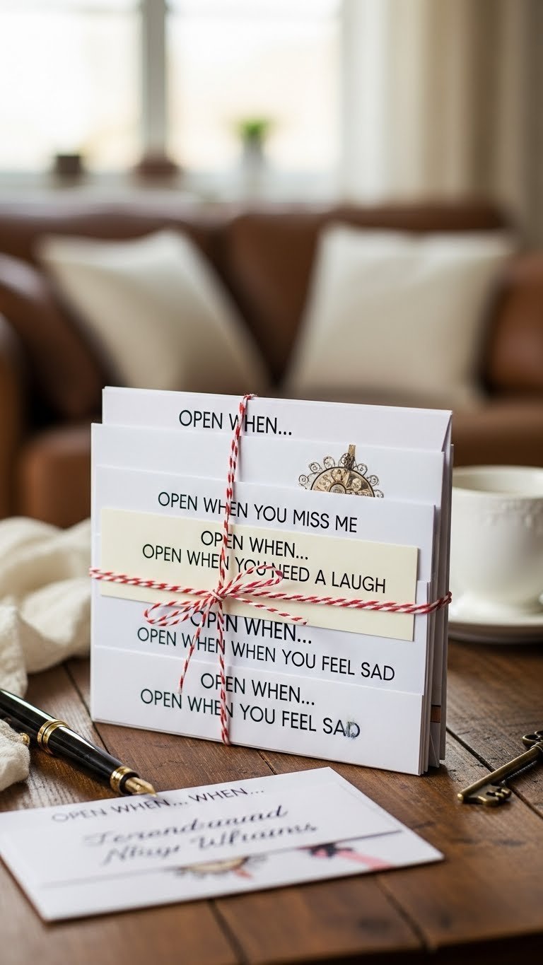 Stack of handwritten 'Open When' letters tied with ribbon on rustic wooden table setting