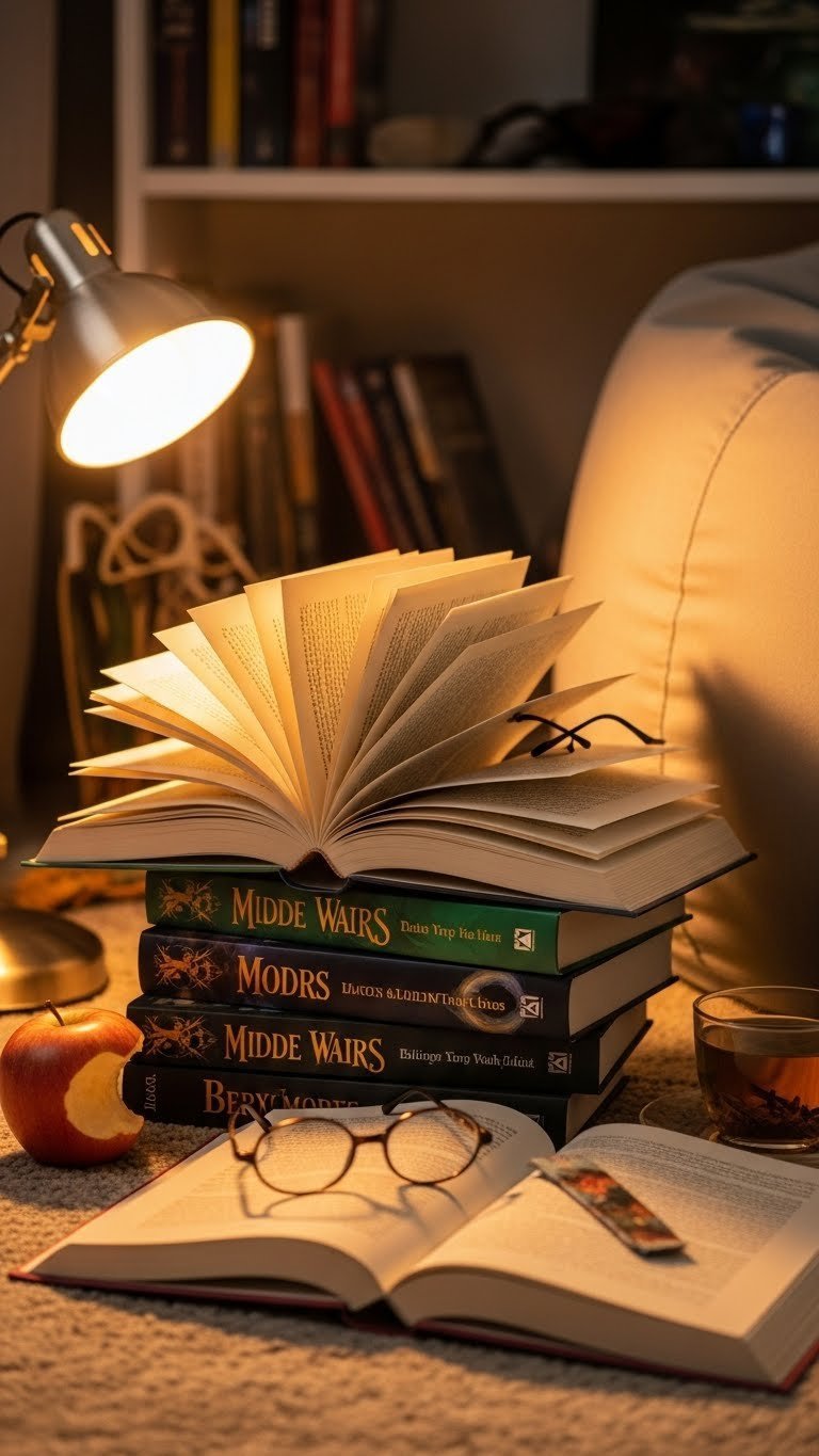 Stack of middle-grade fantasy books open to illustrated pages arranged on plush rug with reading glasses and warm lamp glow.