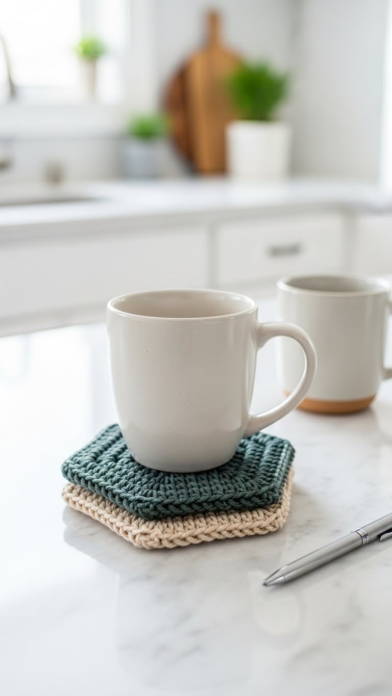 Stack of minimalist hexagon crocheted coasters in earthy colors with ceramic mug on marble countertop