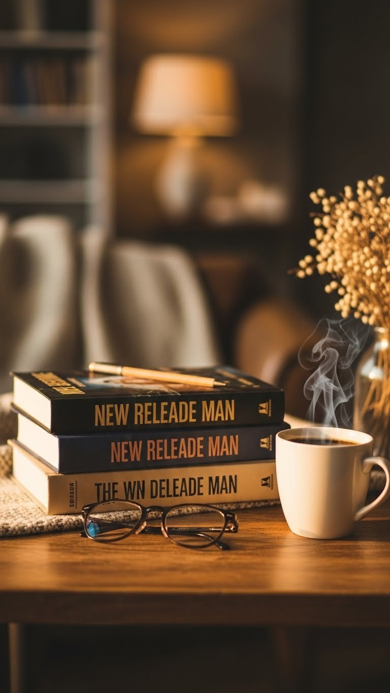 Stack of new release books for men with coffee mug and reading glasses on rustic wooden table