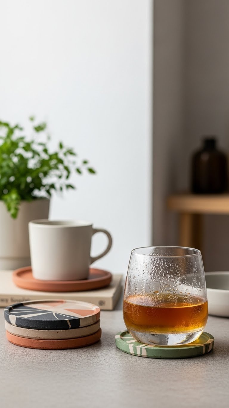 Stack of oven-bake clay coasters with geometric patterns and condensation-beaded glass on stone surface.