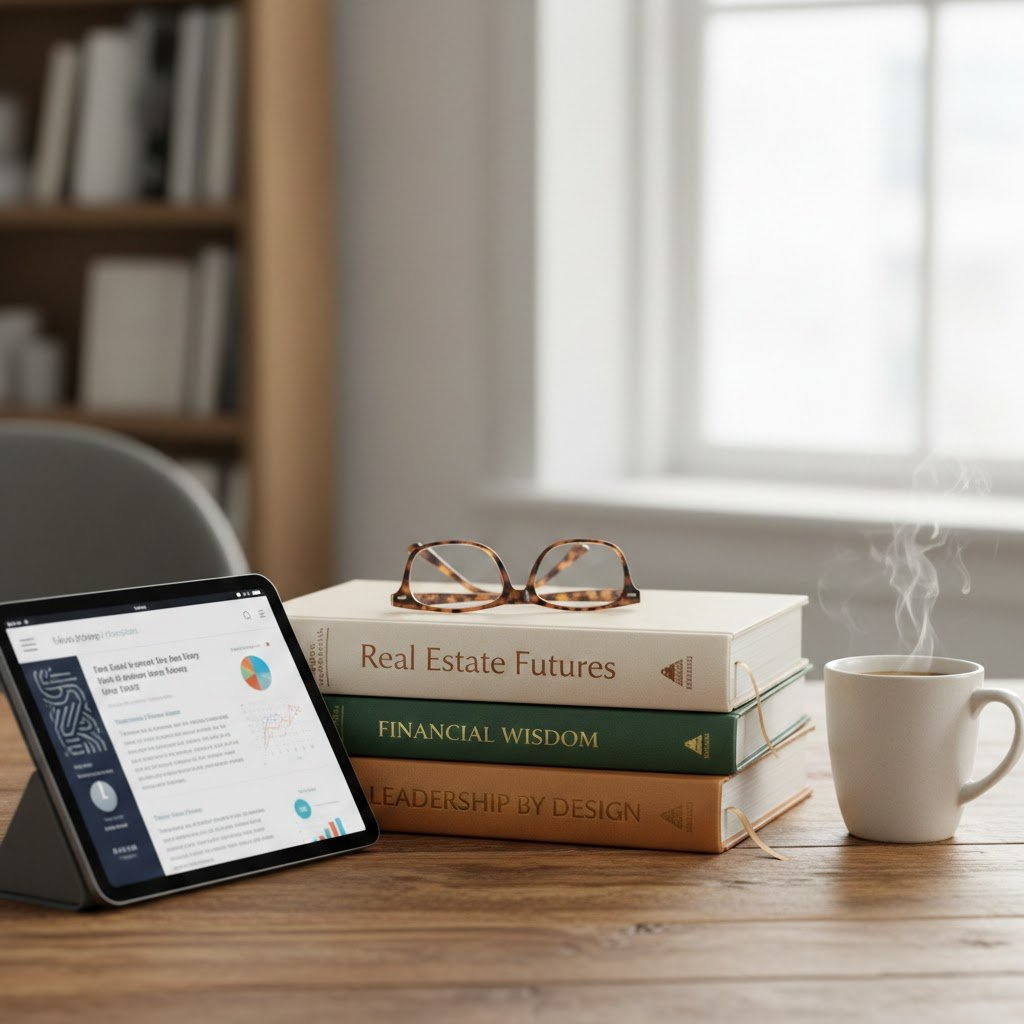 Stack of real estate books with tablet showing e-reader app for intellectual growth gift