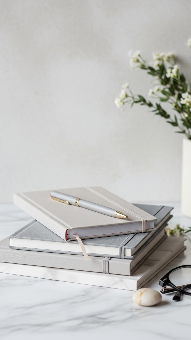 Stack of stylish notebooks and journals on marble countertop with clean flat lay composition