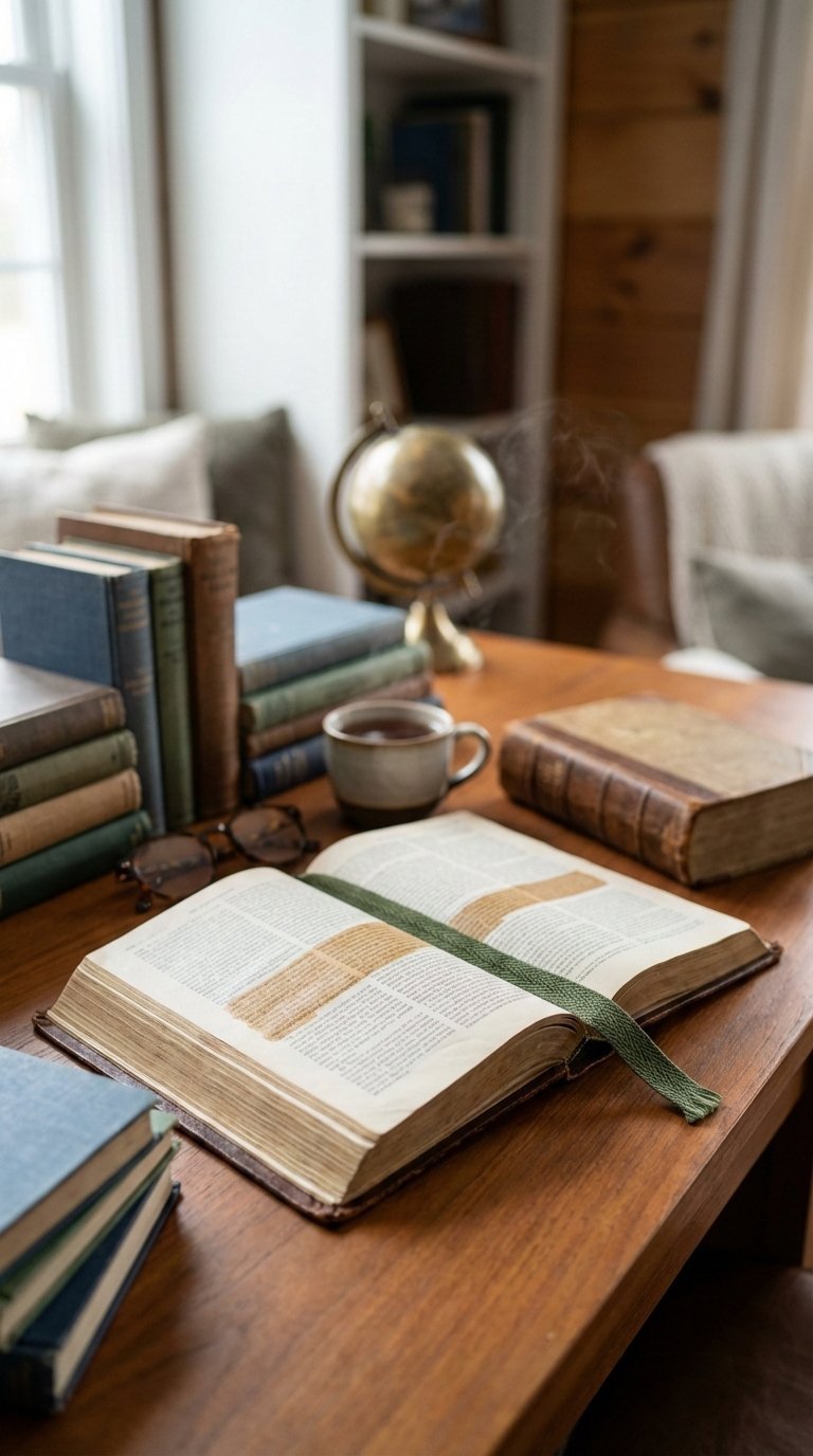 Stack of theological books and spiritual growth resources with open Bible on polished wooden desk