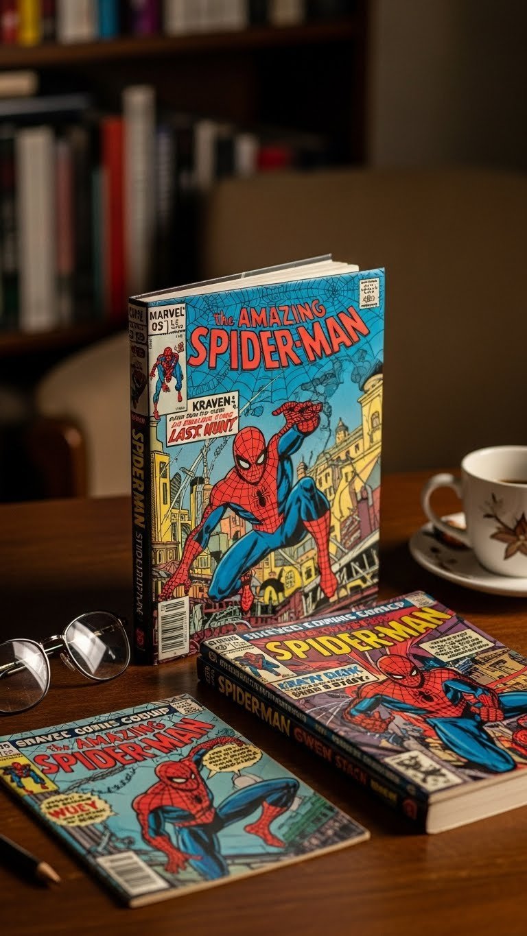 Stack of vintage Spiderman comic books with vibrant retro covers arranged on vintage wooden desk