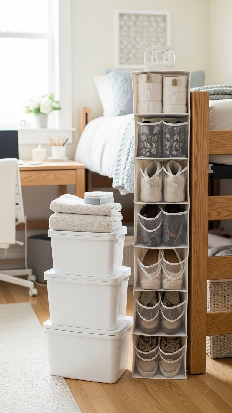 Stackable storage bins and shoe organizer neatly arranged in minimalist dorm room corner