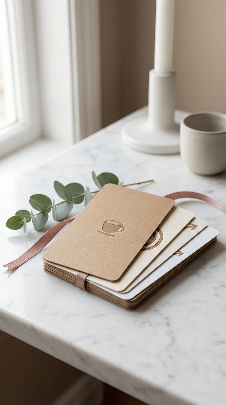 Stacked gift cards from Amazon, Target and Starbucks fanned out on marble countertop with soft natural lighting and bokeh background