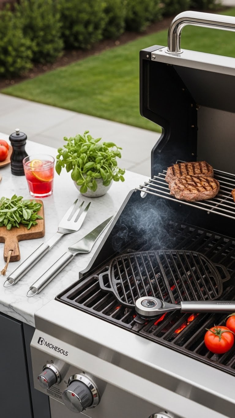 Stainless steel grilling tools and wireless meat thermometer on professional gas grill with subtle smoke rising