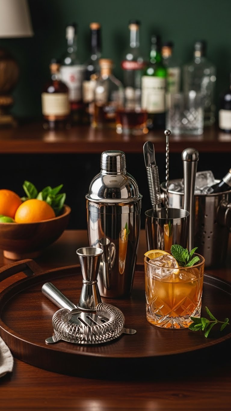Stainless steel mixology tools arranged on dark wooden bar cart with garnished cocktail