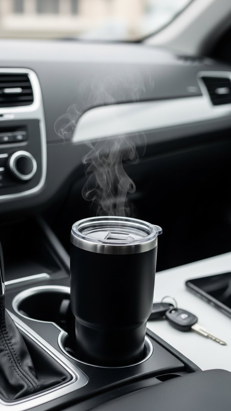 Stainless steel travel tumbler in car cup holder with steam rising from beverage