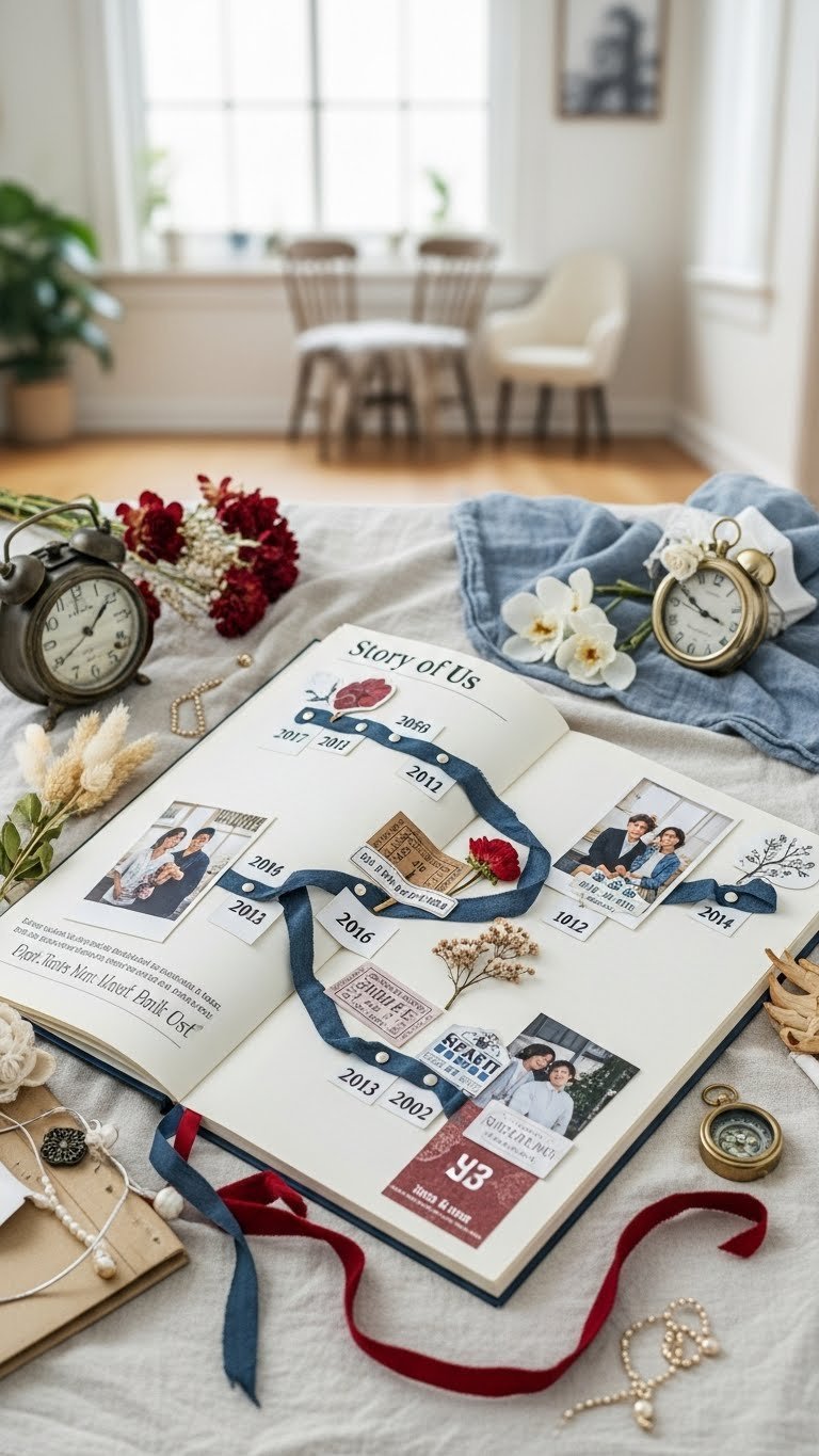 Story of Us timeline scrapbook showing chronological relationship milestones with photos and memorabilia