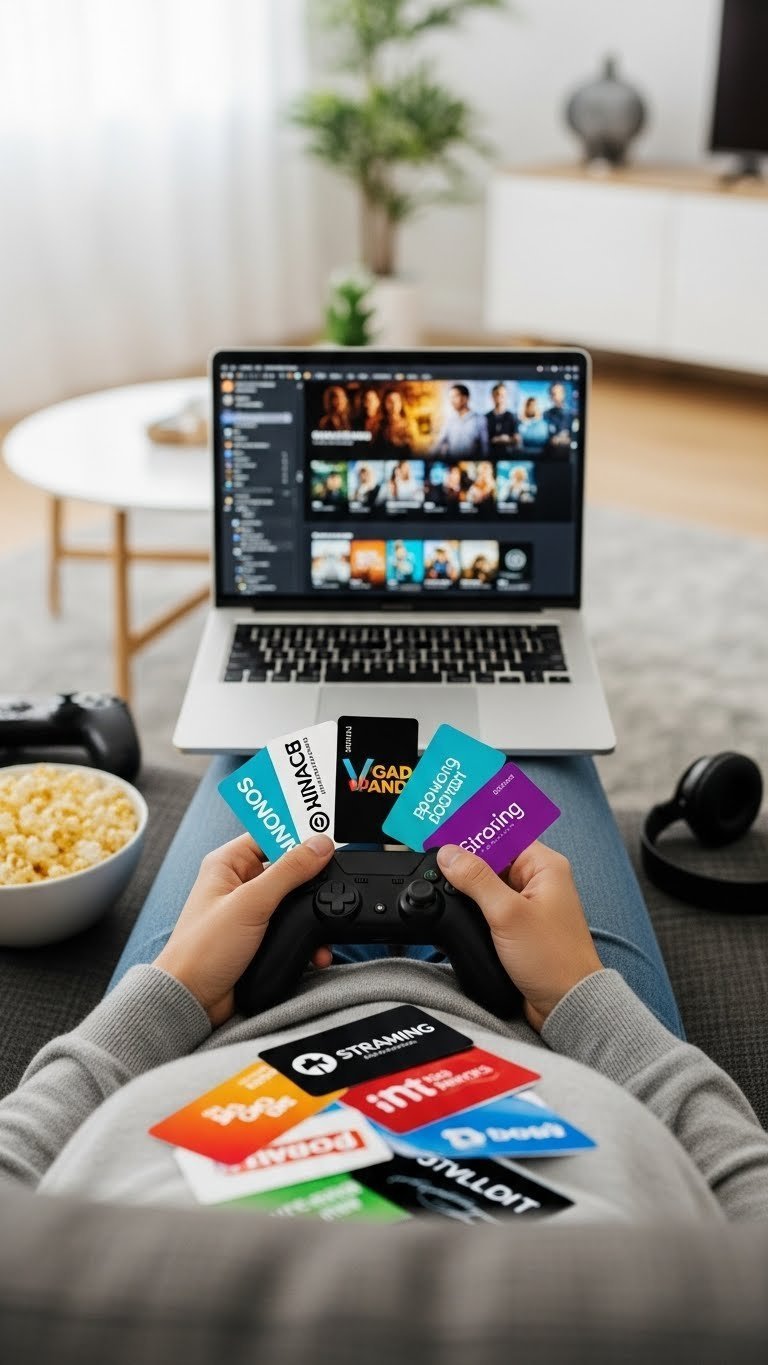 Streaming service fan with entertainment gift cards spread out on modern couch with laptop background