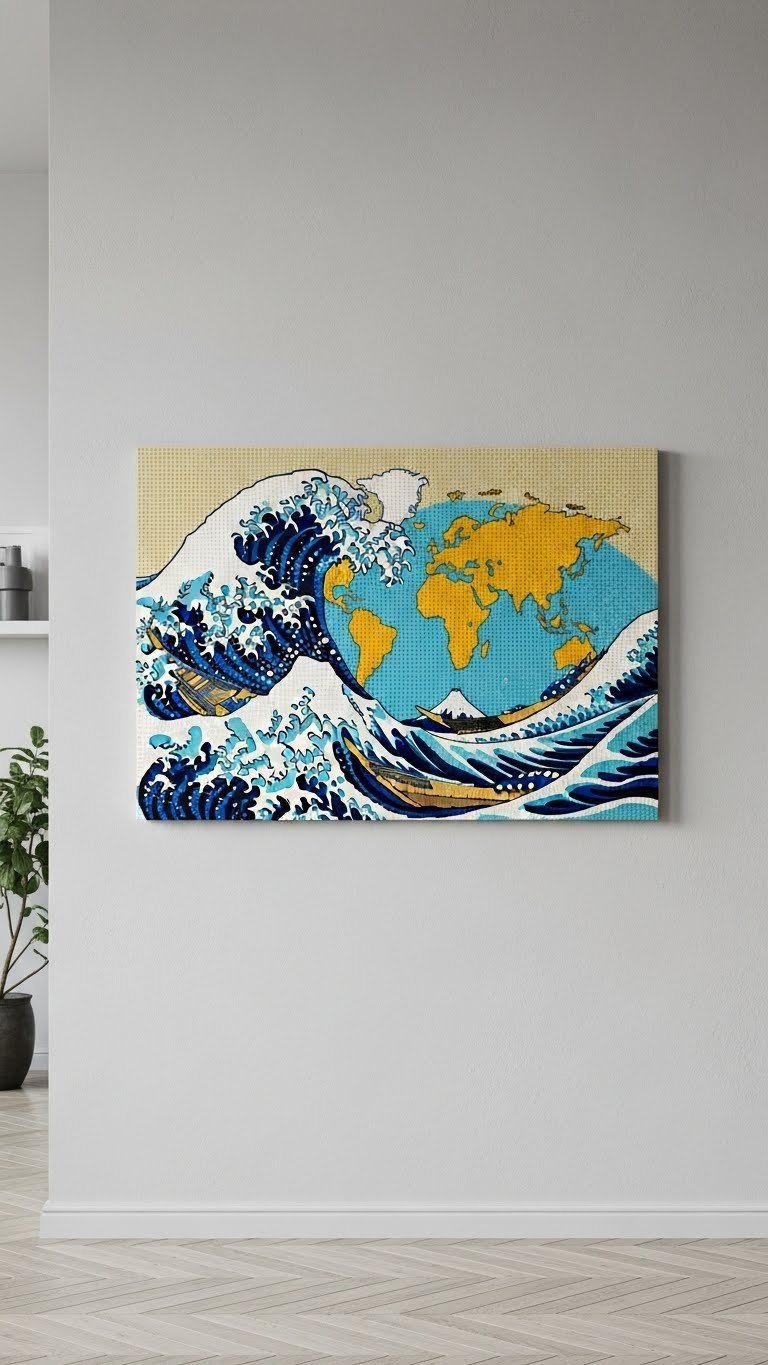 Striking LEGO Art mosaic mounted on light gray wall showcasing pixelated artwork in contemporary gallery setting