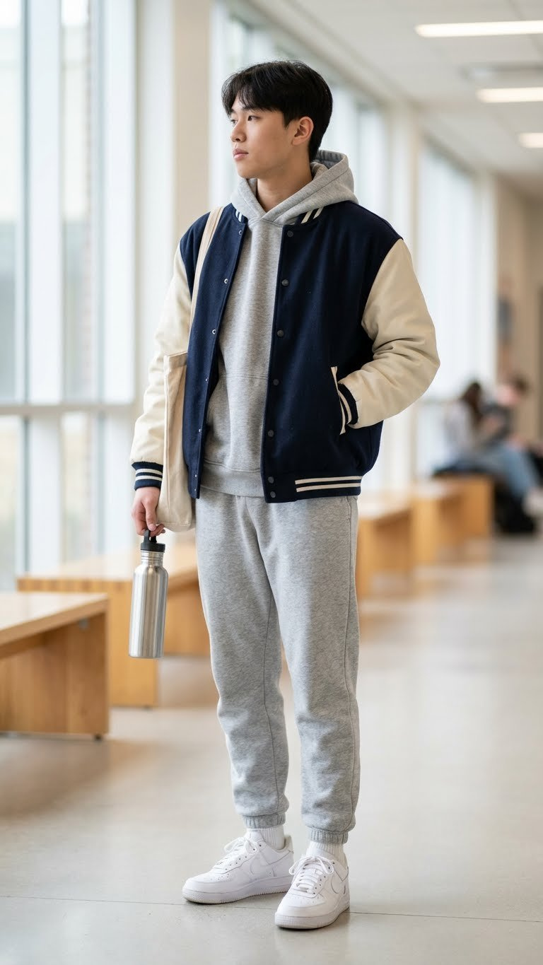 Student wears a heather gray fleece tracksuit, oversized varsity jacket, and white athletic sneakers in a bright school common area.
