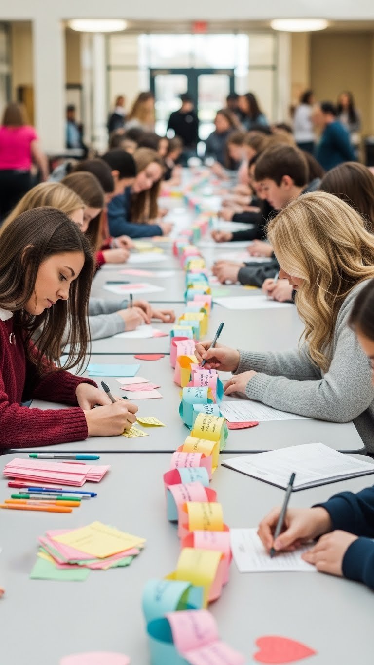 Students and adults adding handwritten compliments to a colorful paper chain display winding through a busy school hallway or office space.