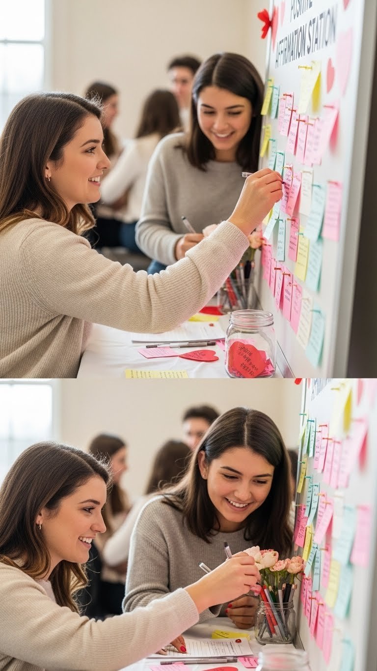 Students and adults writing positive affirmations on colorful paper hearts at a Valentine's themed affirmation station in a school hallway.