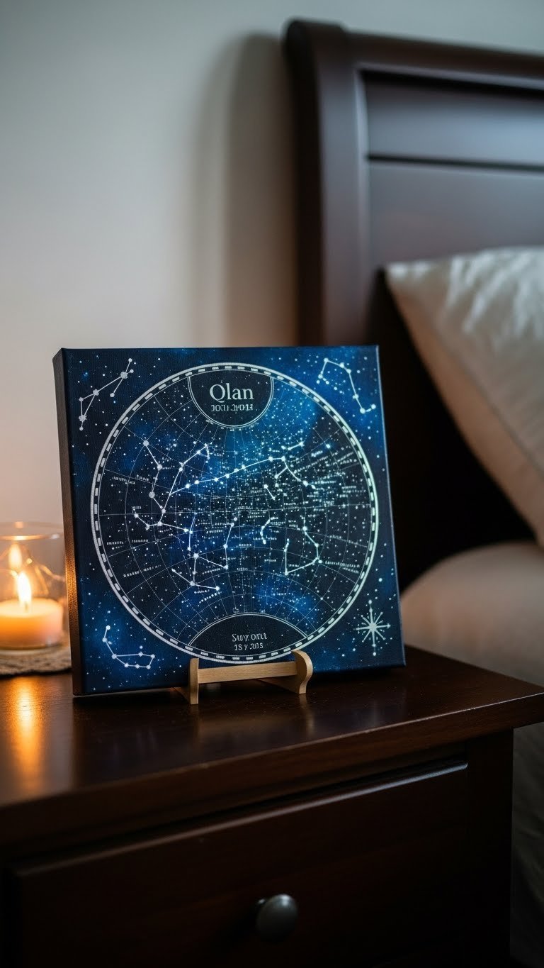Stunning star map canvas with celestial constellations on dark blue background glowing with white stars.