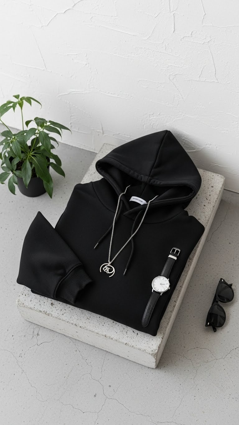Stylish Korean streetwear flat lay featuring oversized black hoodie with silver accessories on concrete surface.