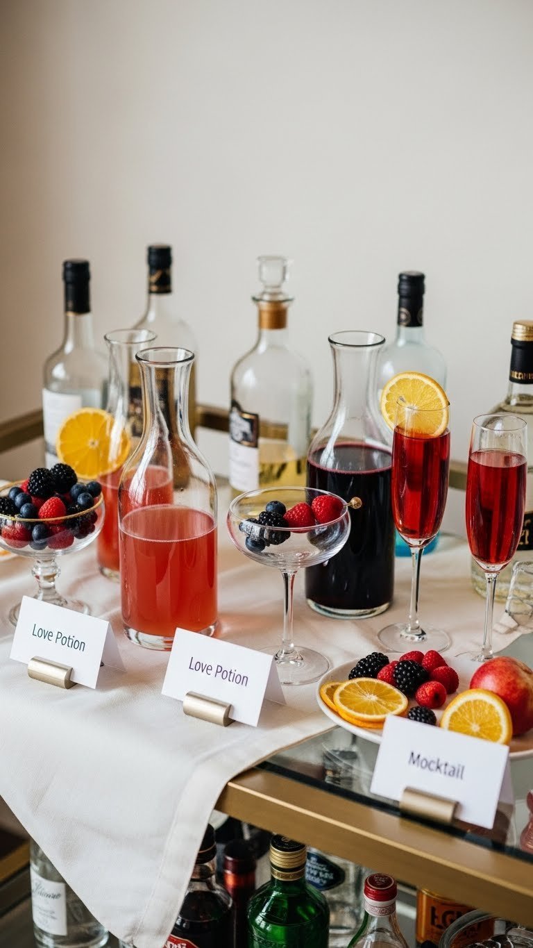 Stylish Love Potion cocktail bar with colorful liquids in glass decanters, fresh fruit garnishes, and elegant glassware