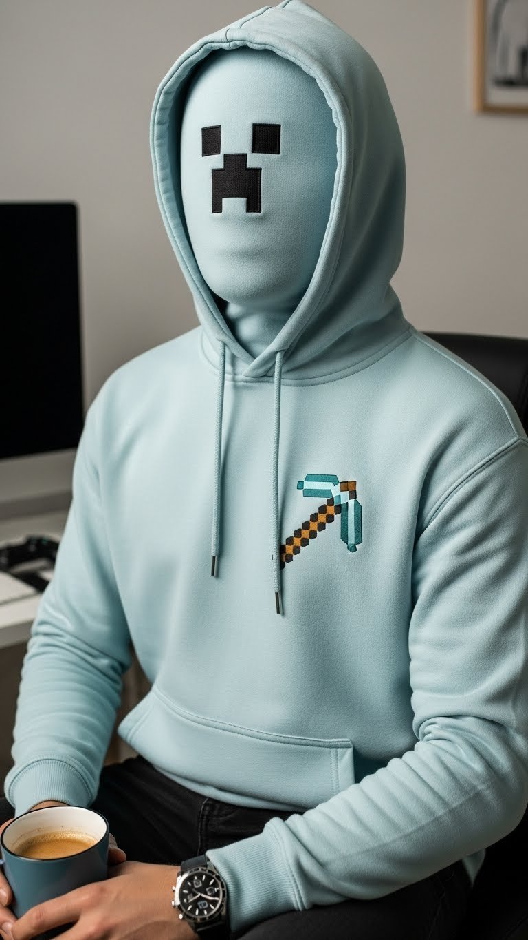Stylish Minecraft-themed hoodie worn by model against minimalist background with gaming accessories in daylight photography.