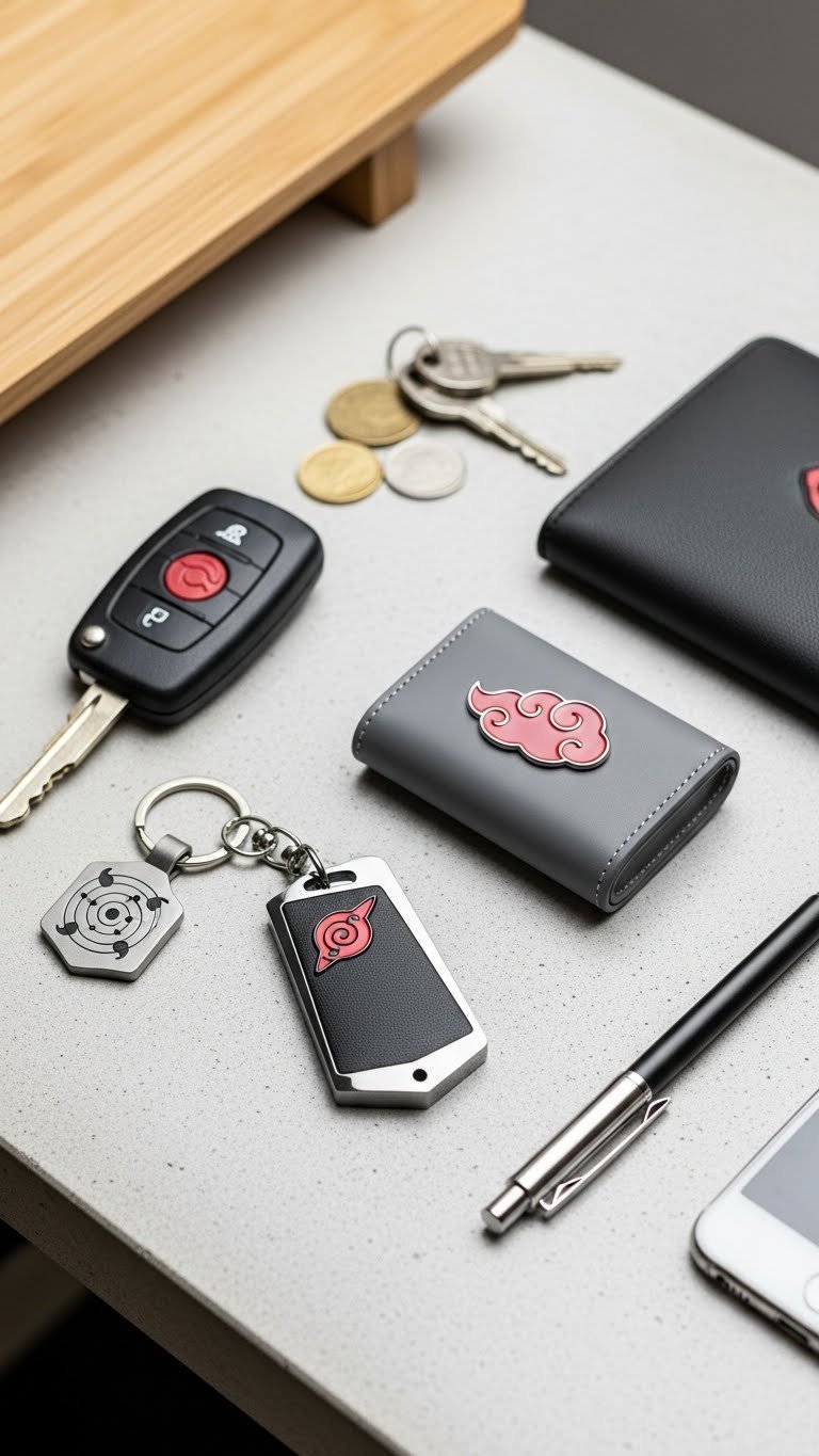 Stylish Naruto accessories including keychain and wallet arranged in minimalist flat lay on concrete surface
