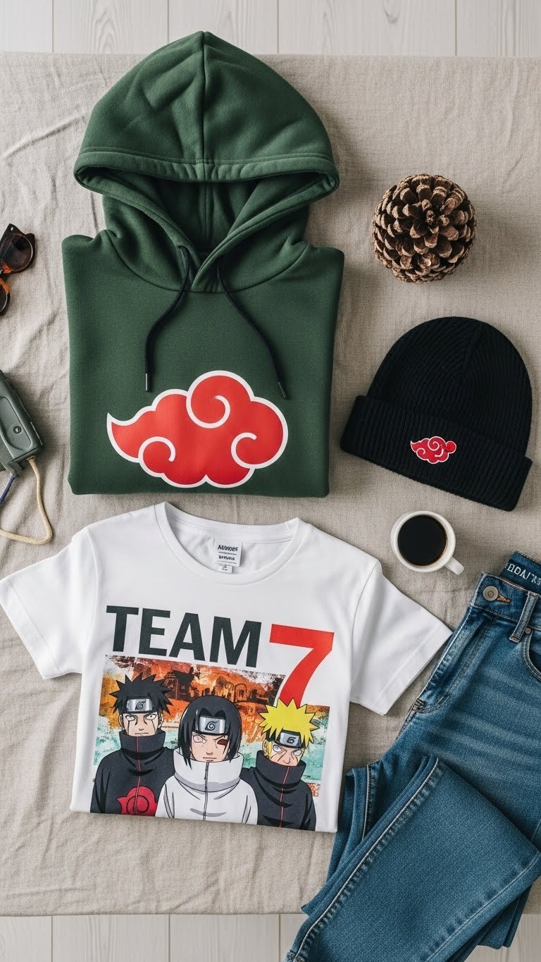 Stylish Naruto apparel including hoodie and graphic t-shirt arranged in minimalist flat lay on light wood table