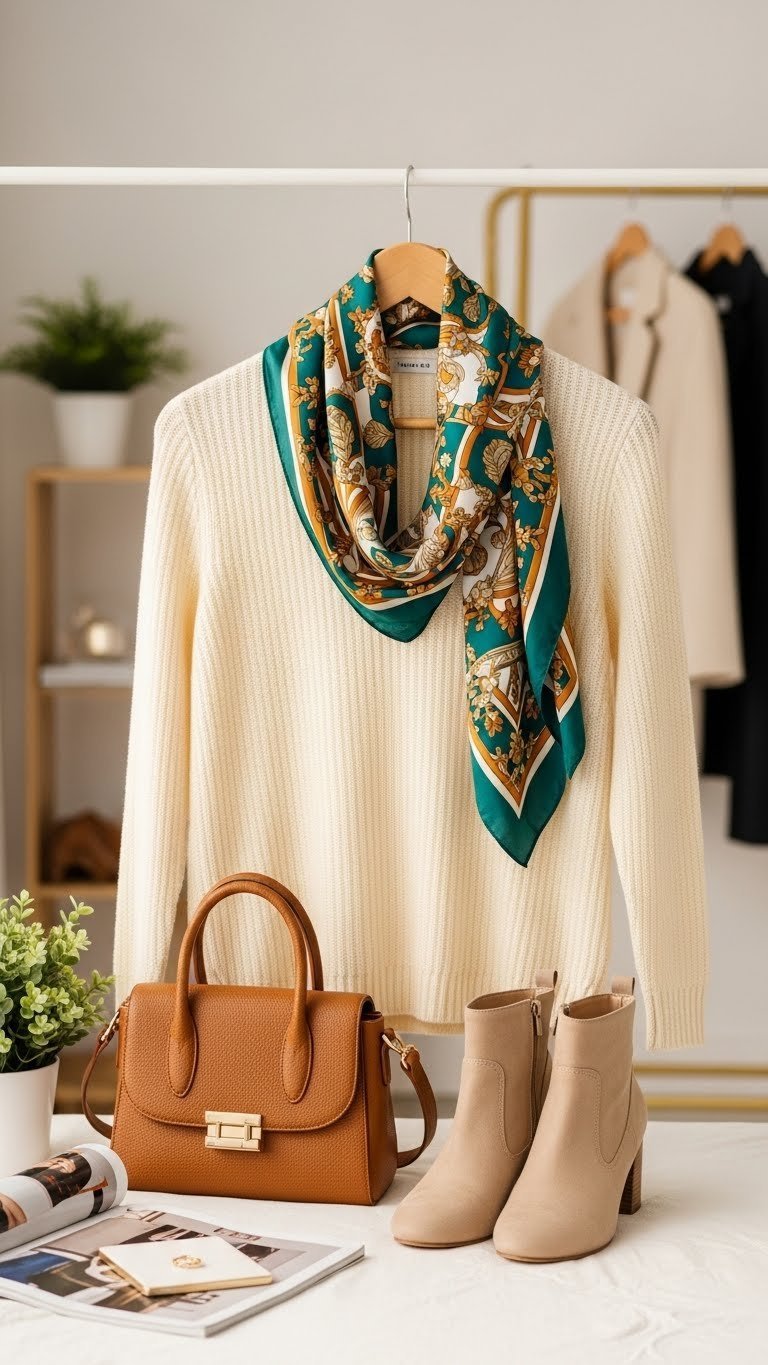 Stylish apparel accessories including silk scarf, leather handbag, gold ring, and ankle boots on wooden hanger