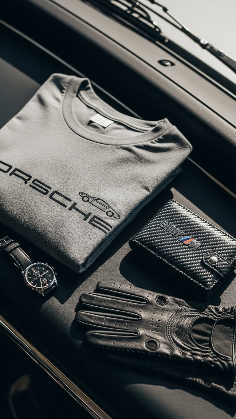 Stylish automotive accessories including car logo t-shirt, carbon fiber wallet, and driving gloves on leather surface