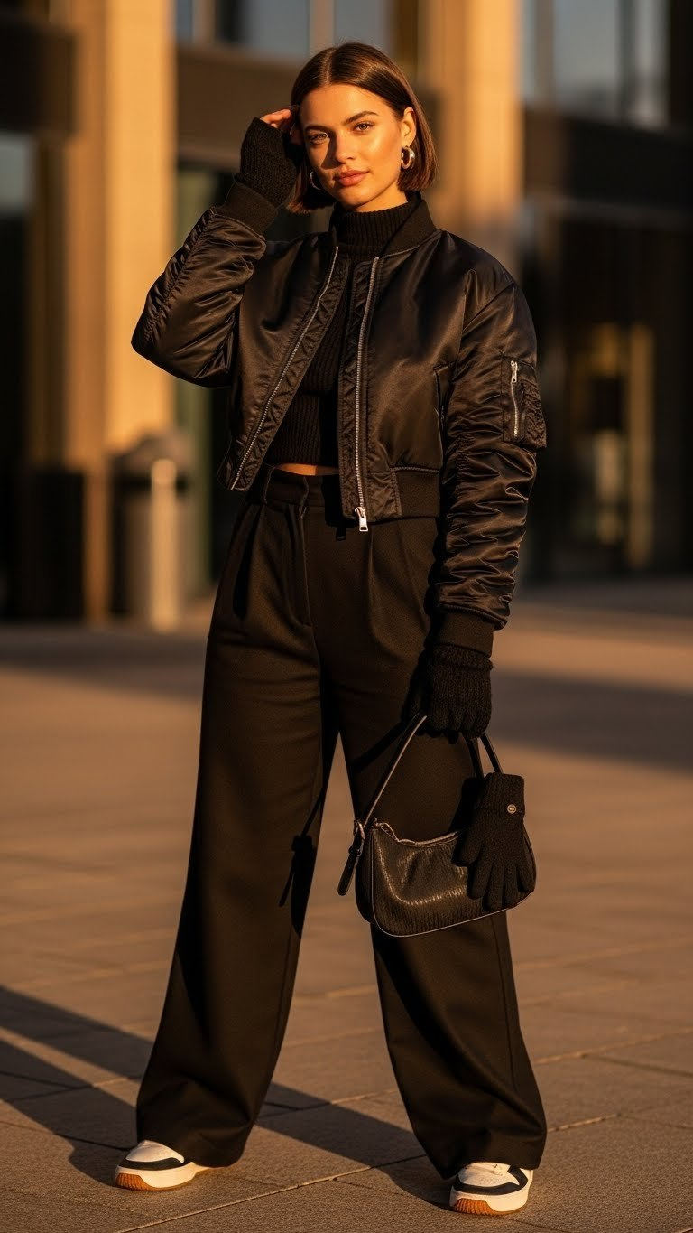 Stylish black cropped bomber jacket, wide-leg trousers, sneakers, thermal. Modern winter street fashion with shoulder bag.