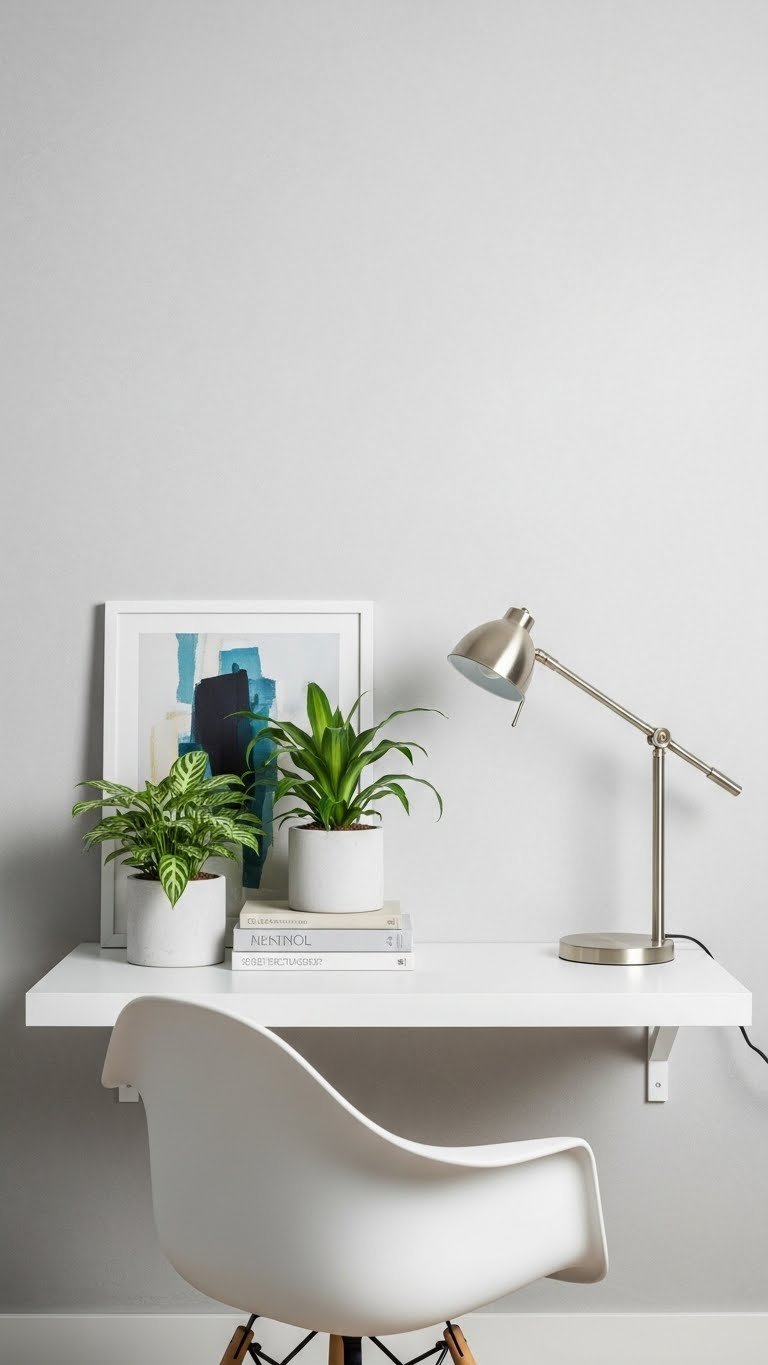Stylish collection of low-maintenance indoor plants in minimalist ceramic planters on white floating shelf display