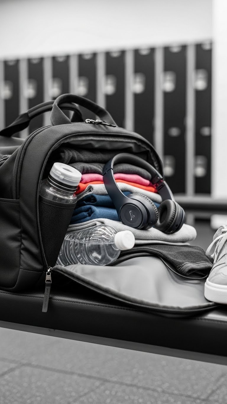 Stylish dark gym bag partially unzipped showing organized compartments with athletic gear in locker room