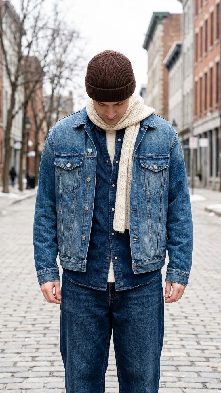 Stylish denim-on-denim winter streetwear features an oversized jacket, dark wash jeans, and a knit scarf in an urban park.