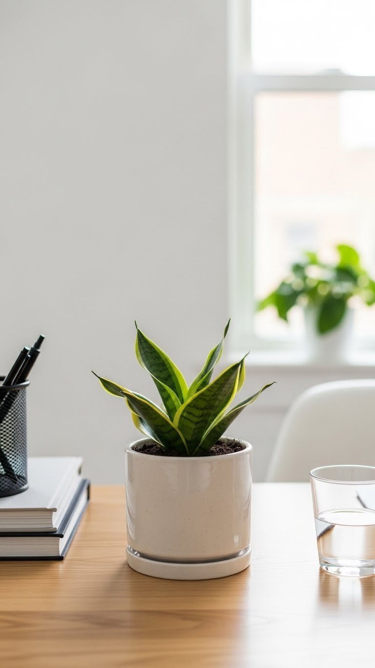 Stylish desk plant in minimalist ceramic planter on oak desk with books and pen holder