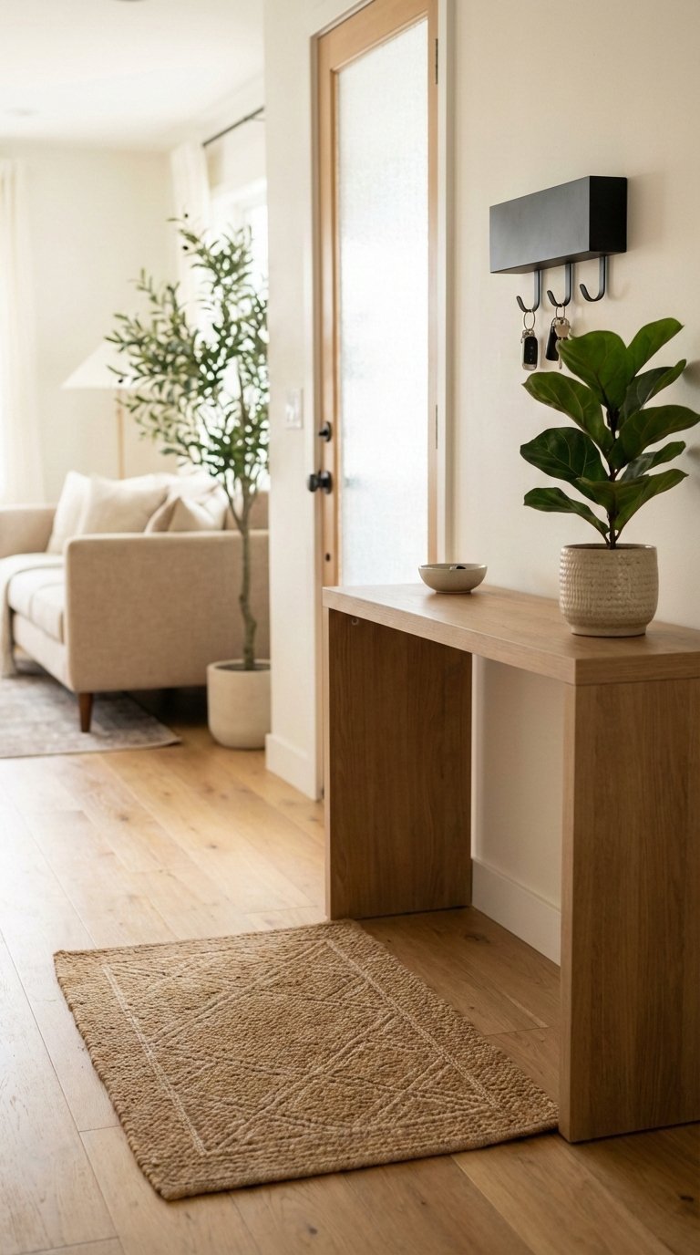 Stylish entryway scene with patterned doormat, key holder, and potted plant creating welcoming entrance.