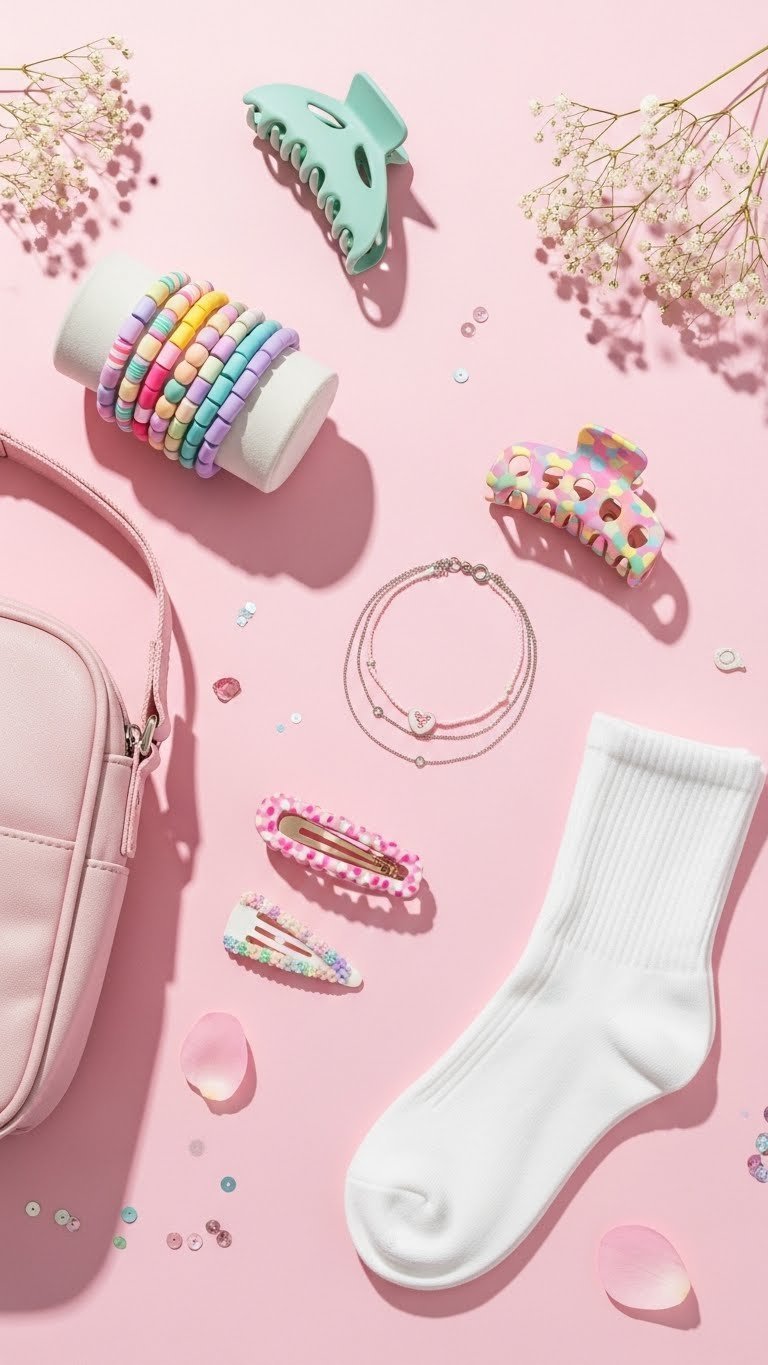 Stylish fashion accessory flat lay featuring crossbody bag, clay bead bracelets, layered necklace, and hair clips on pastel background.