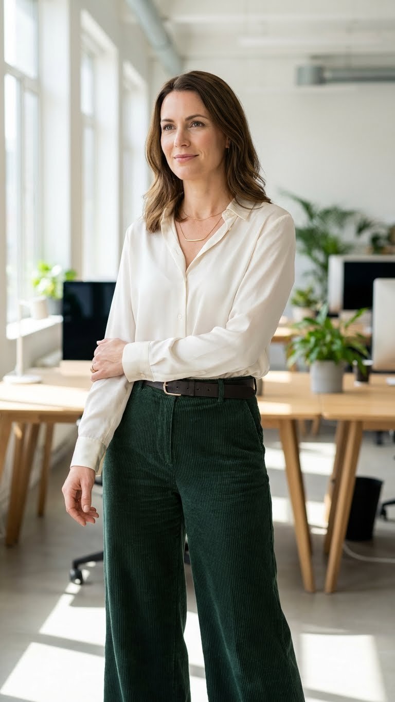 Stylish female professional in dark green wide-leg corduroy trousers and an ivory silk blouse in a contemporary office.