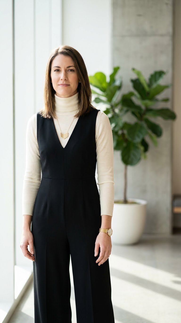 Stylish female professional wears a black tailored jumpsuit over a cream turtleneck with a pendant necklace in an office foyer.