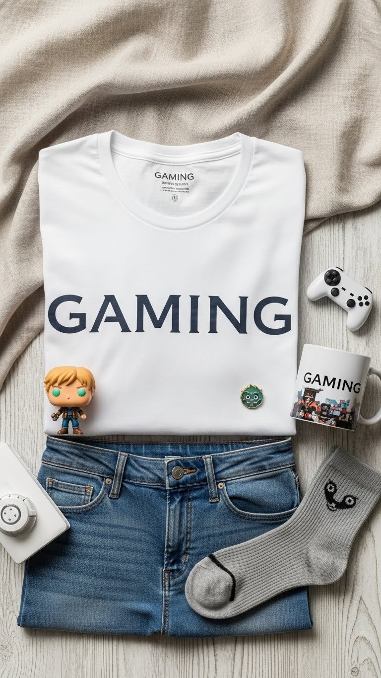 Stylish gaming-themed apparel flat lay featuring t-shirt, collectible figure, and merchandise on neutral background