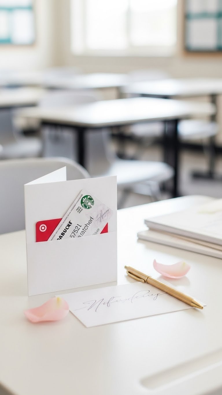 Stylish gift card and handwritten note with ribbon on minimalist desk surface for teacher appreciation