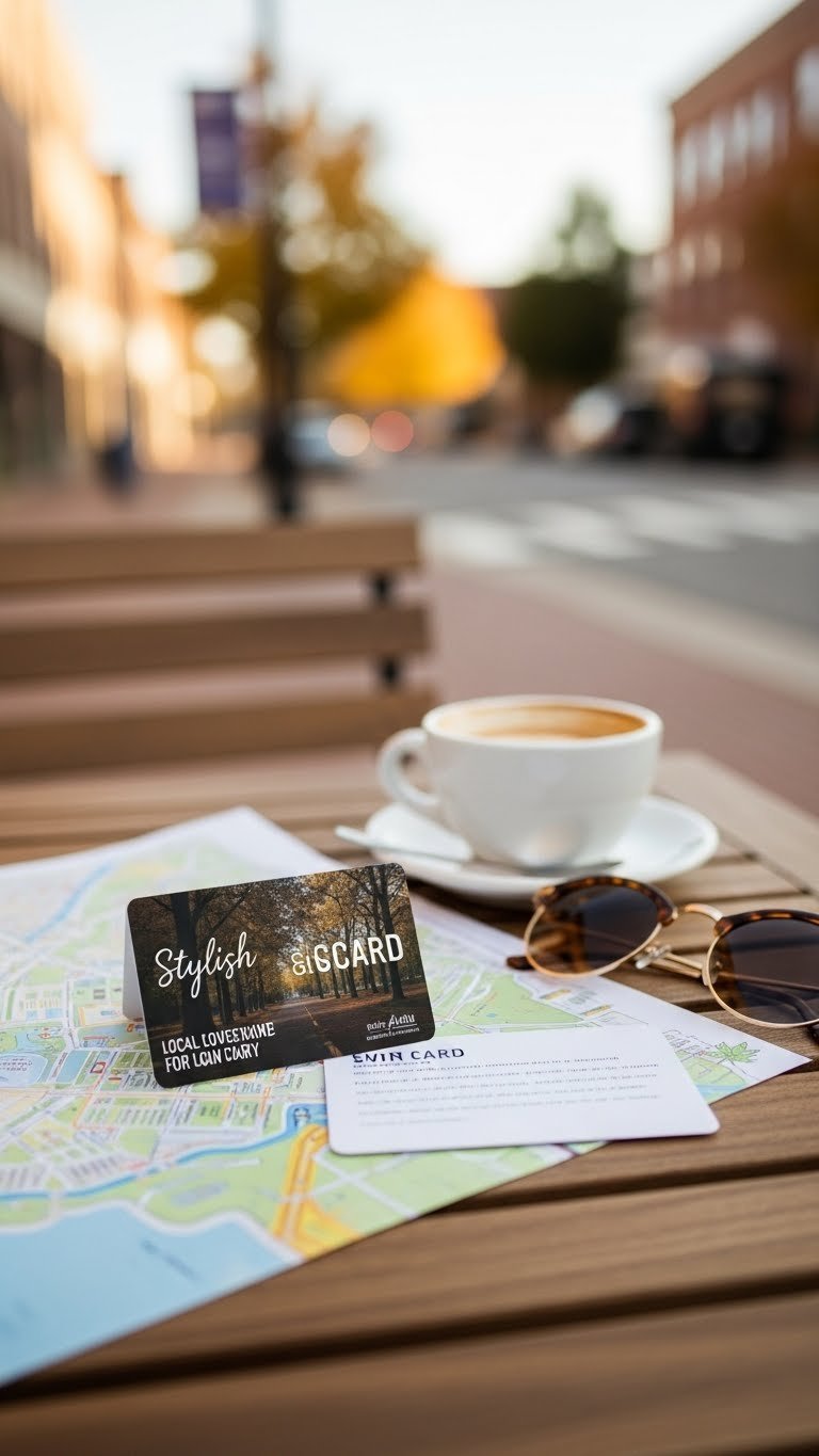 Stylish gift card for local restaurant resting on rustic wooden table with campus backdrop