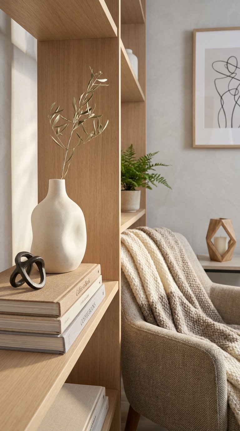 Stylish home decor display featuring ceramic vase, coffee table books, and throw blanket on minimalist bookshelf