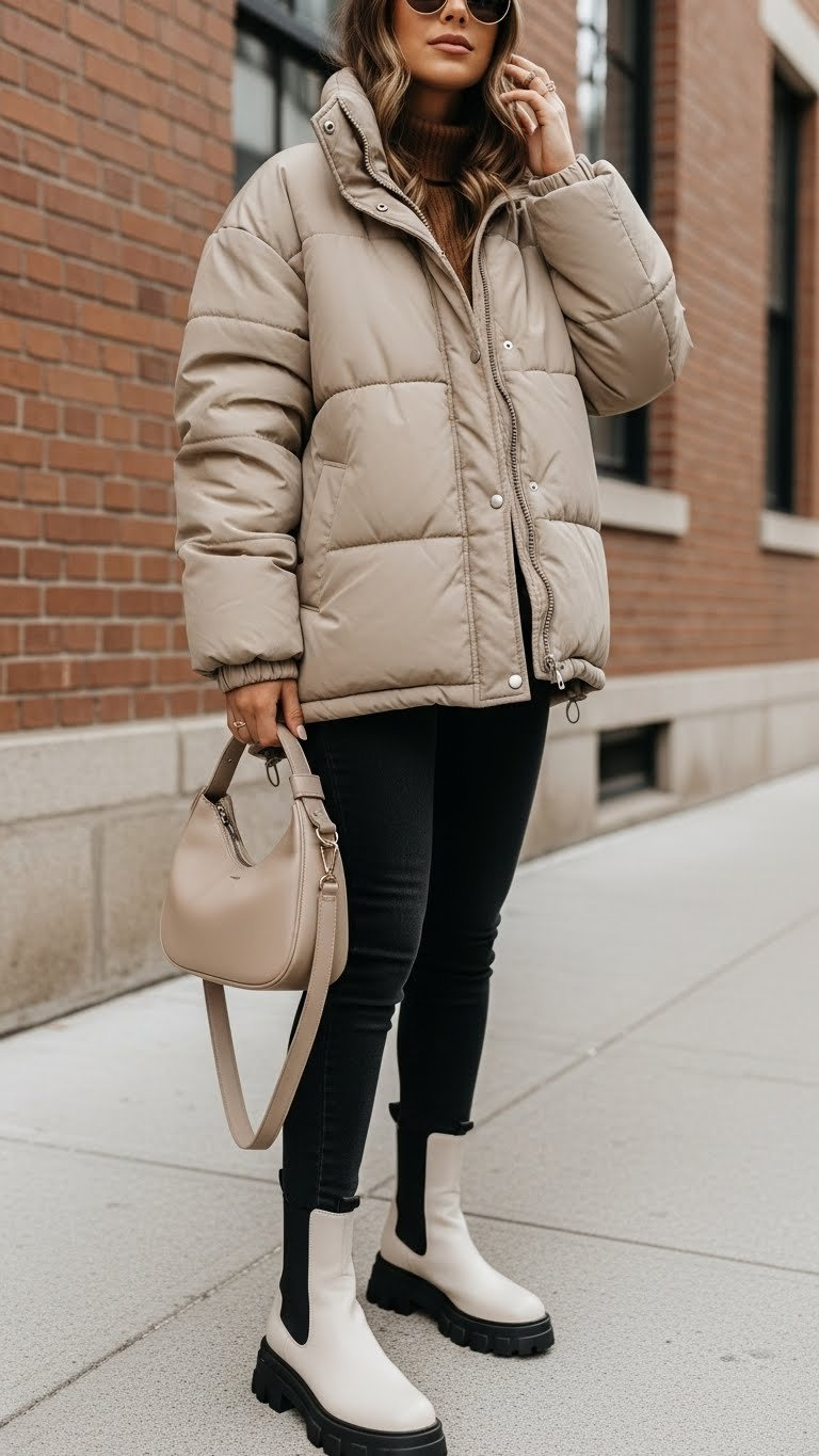 Stylish individual in oversized neutral puffer jacket, slim leggings, chunky lug-sole boots. Urban winter fashion with crossbody bag.