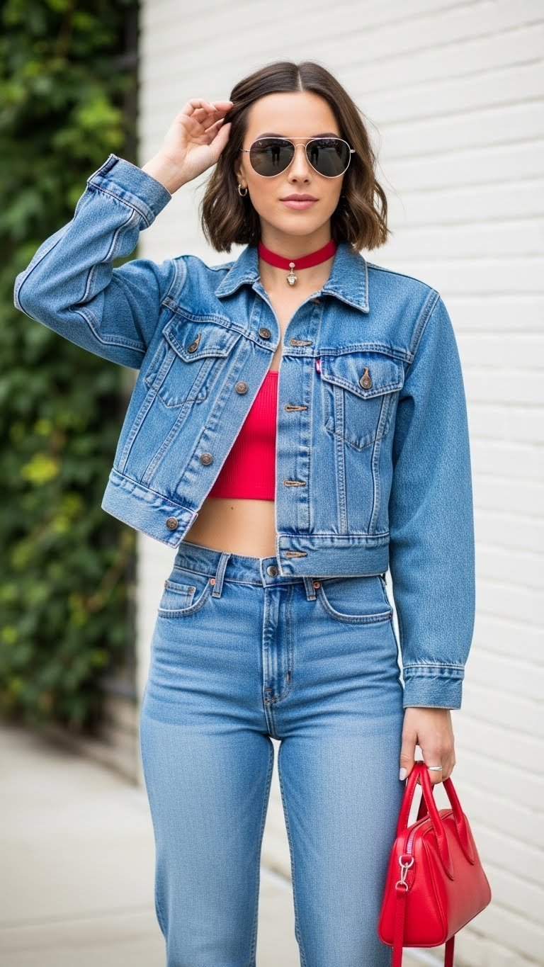 Stylish individual wearing denim-on-denim outfit with red crop top against clean urban brick wall