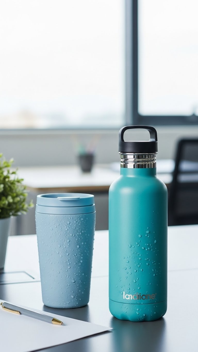 Stylish insulated travel mug with condensation on contemporary desk surface with bright lighting