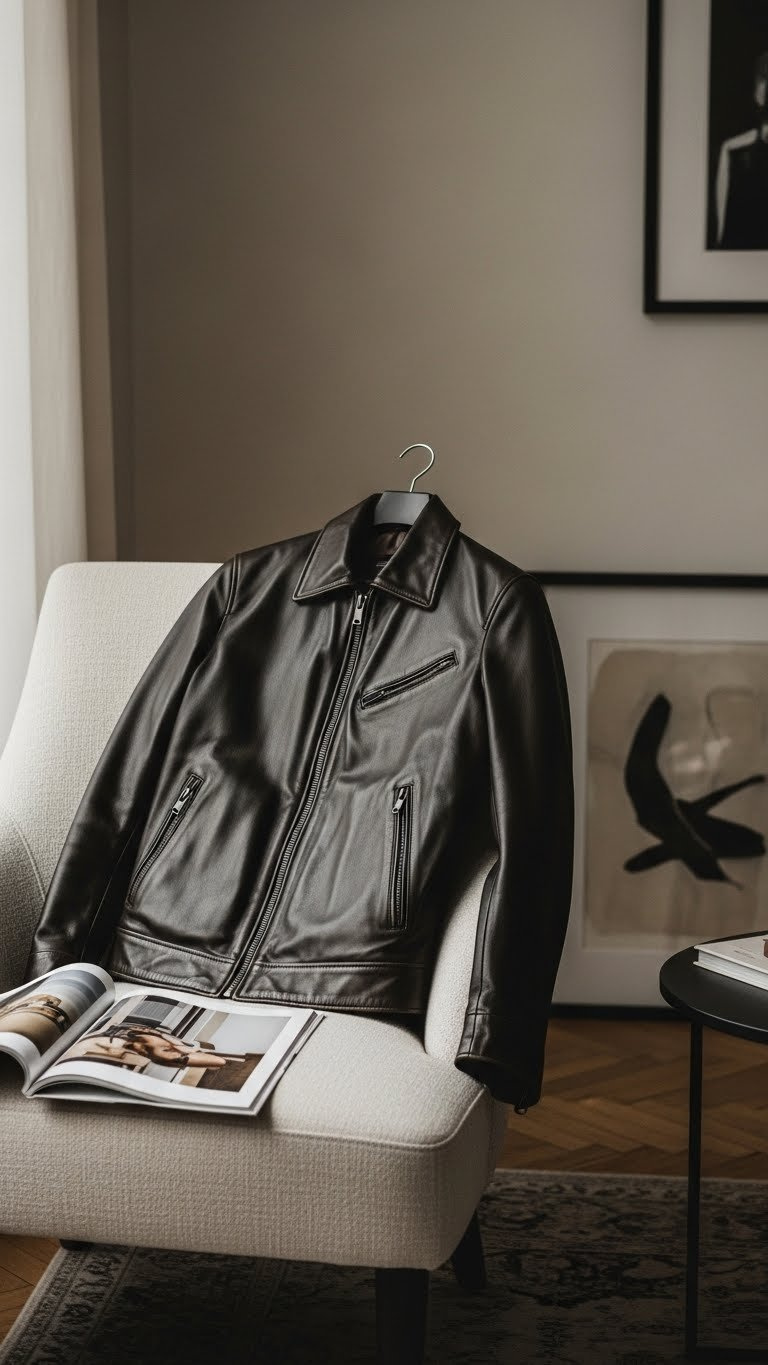 Stylish leather jacket casually draped over modern armchair in tastefully decorated living space