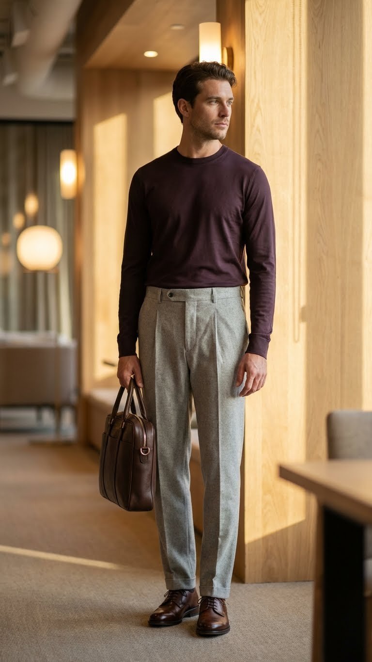 Stylish male professional in a deep plum knit top, light grey pleated trousers, and a leather satchel in an office lounge.