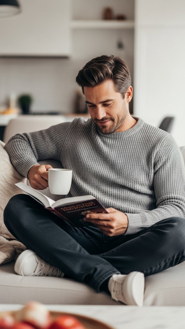 Stylish man in cozy knit sweater lounging on sofa in warm home environment with soft natural lighting for relaxed Valentine's Day