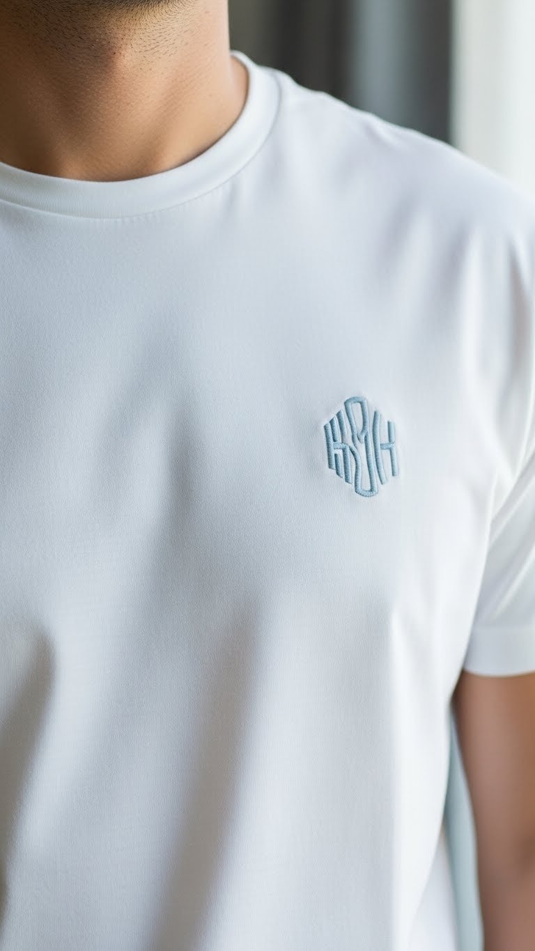 Stylish man in pristine white organic cotton t-shirt with subtle embroidered monogram initials