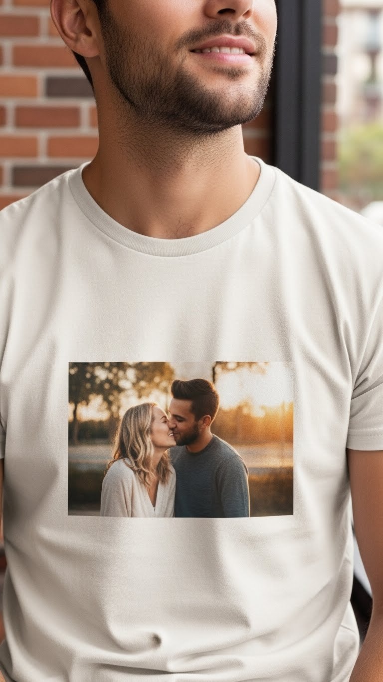 Stylish man wearing soft photo t-shirt with candid travel moment print in urban cafe setting with bokeh background